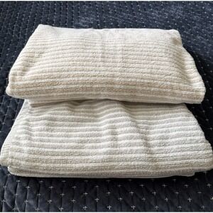 Two Garnet Hill Signature Ribbed Striped Towels Bath Sheets Silver Birch 36"x70"